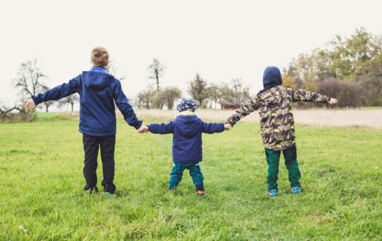 A group of people holding hands in the grass.